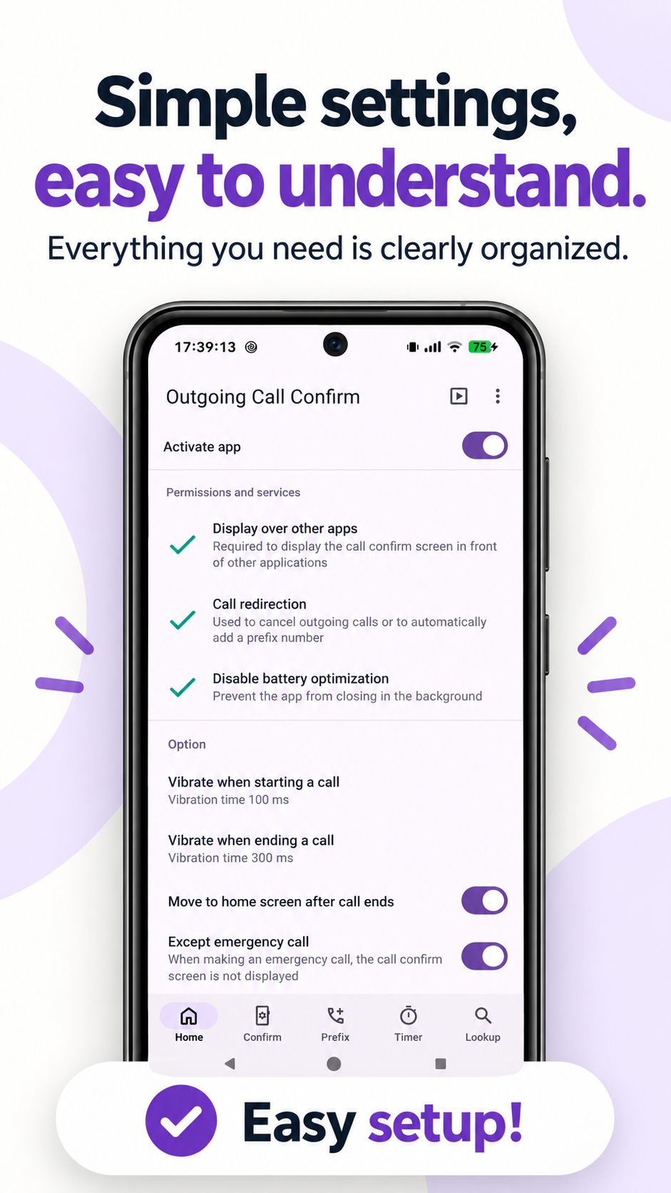 Outgoing Call Confirm permissions and service settings