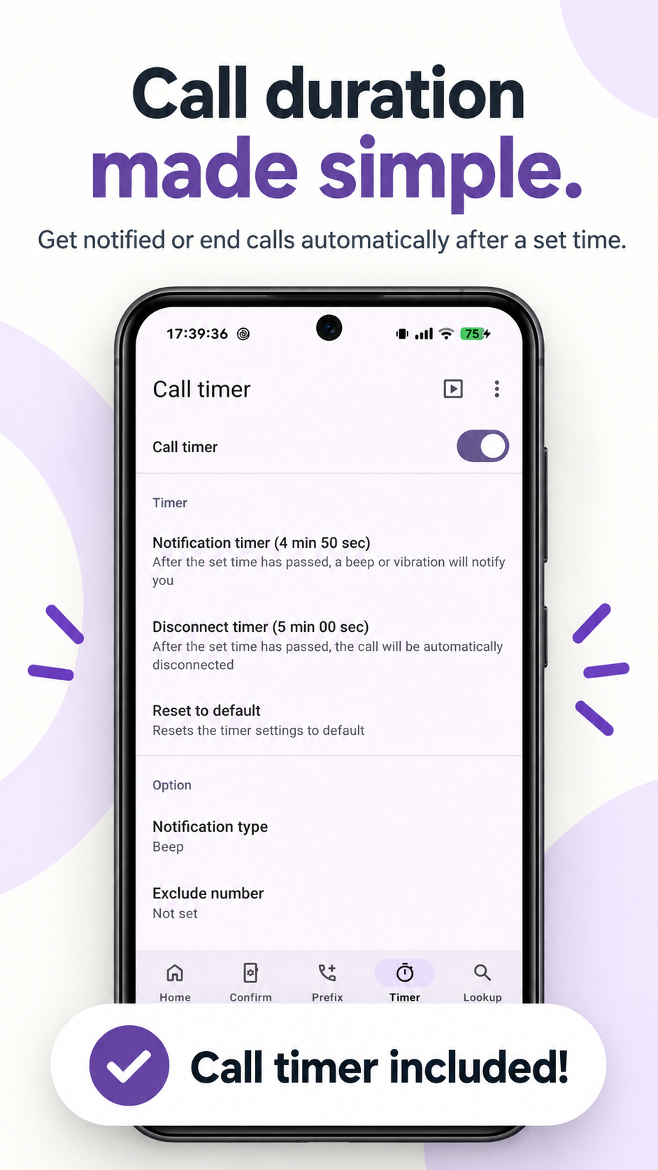 Call timer settings with notification and disconnect timers